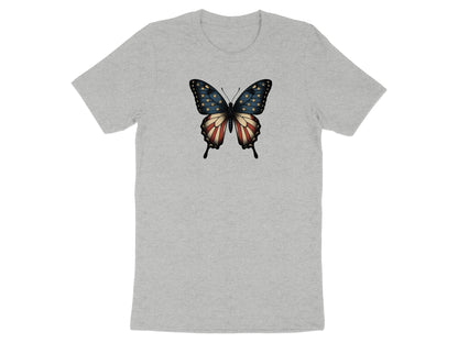Grey t-shirt with a butterfly design featuring the American flag.