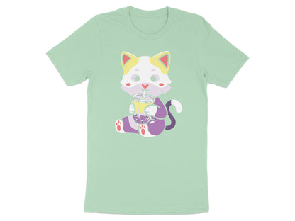 Cartoon cat holding a cup of bubble tea.