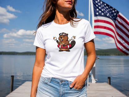 White t-shirt with cartoon beaver in life preserver, American flag backdrop.