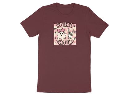 Maroon t-shirt with "Squad Ghouls" graphic featuring a cute ghost and skeleton hand.