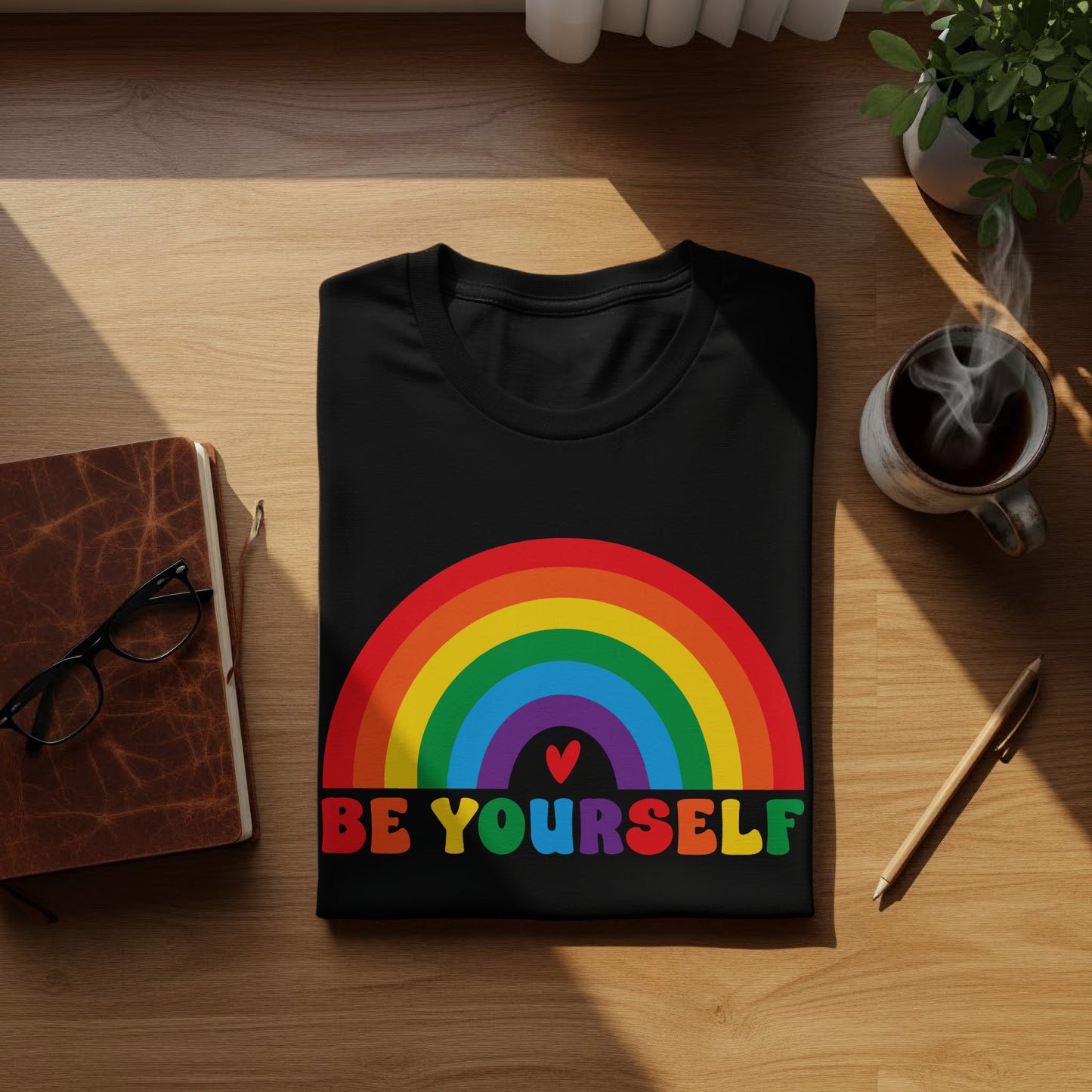 Black t-shirt with rainbow arch and "Be yourself" text.