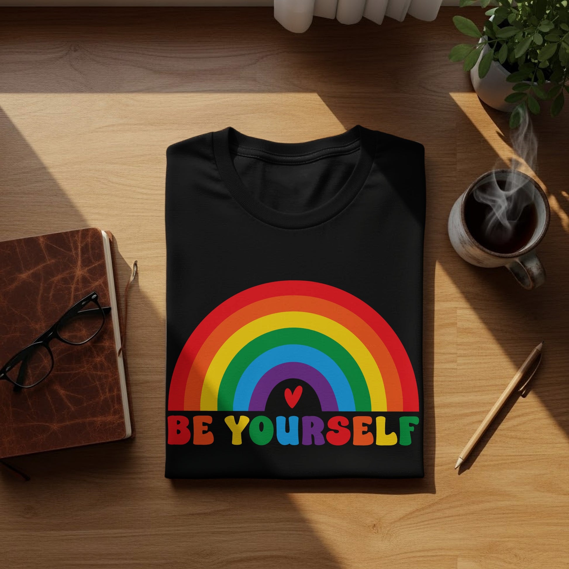 Black t-shirt with rainbow arch and "Be yourself" text.
