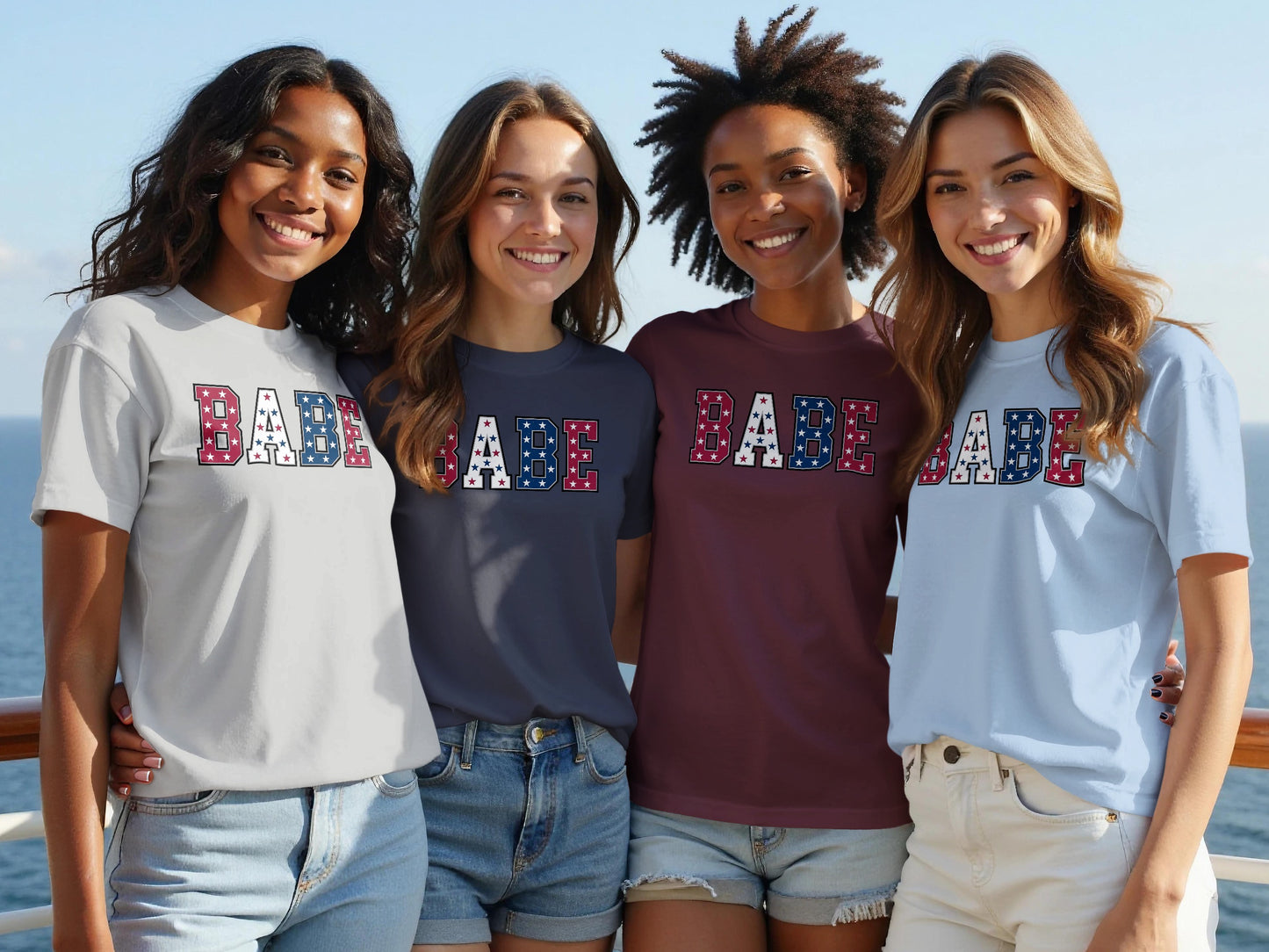 Four women wear patriotic "BABE" t-shirts in red, white, and blue.