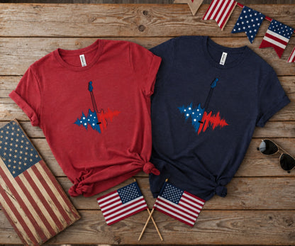 Two patriotic t-shirts featuring a guitar and American flag design.