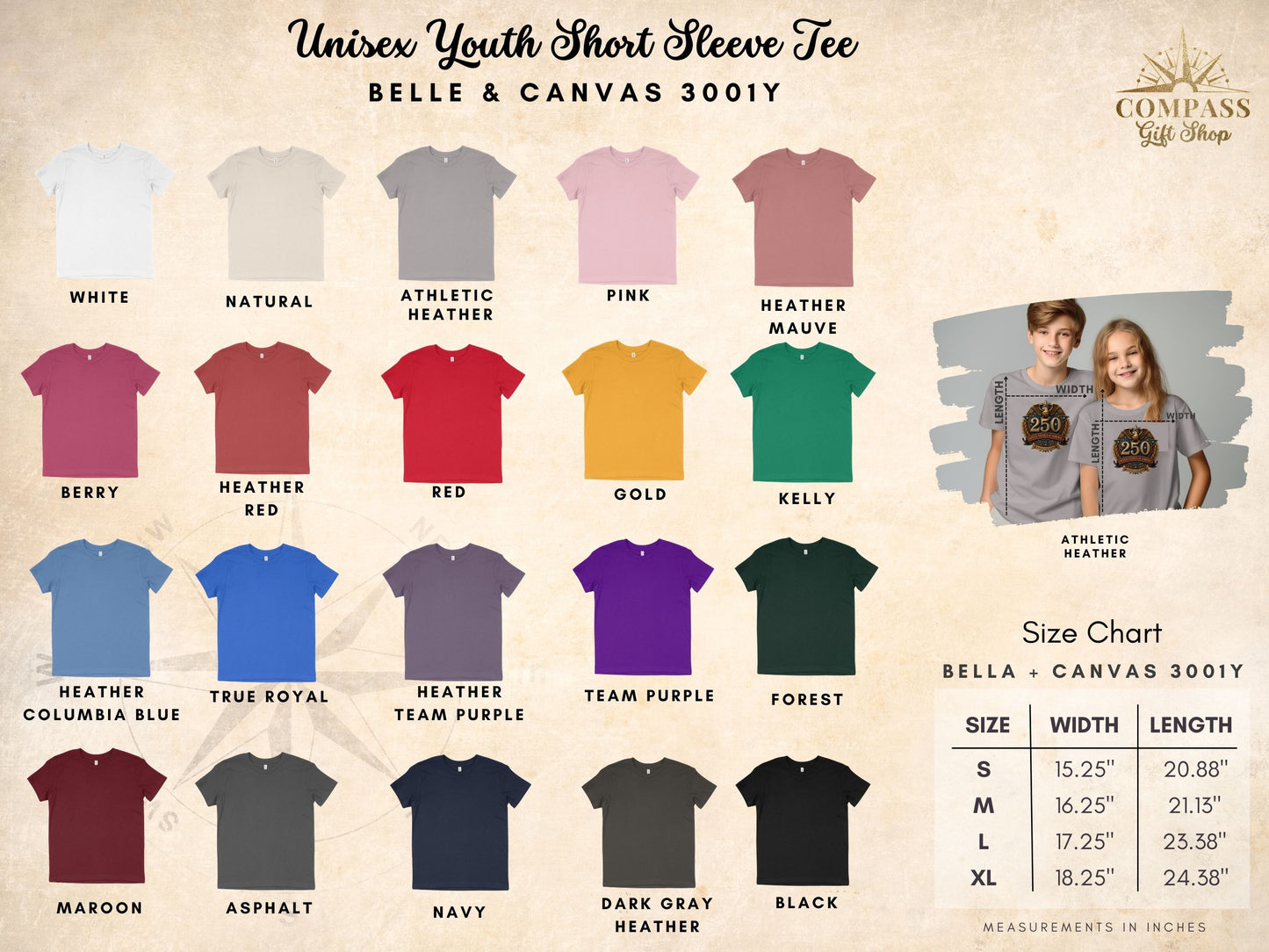 Unisex youth short sleeve tee colors and size chart with Bella + Canvas 3001Y information.