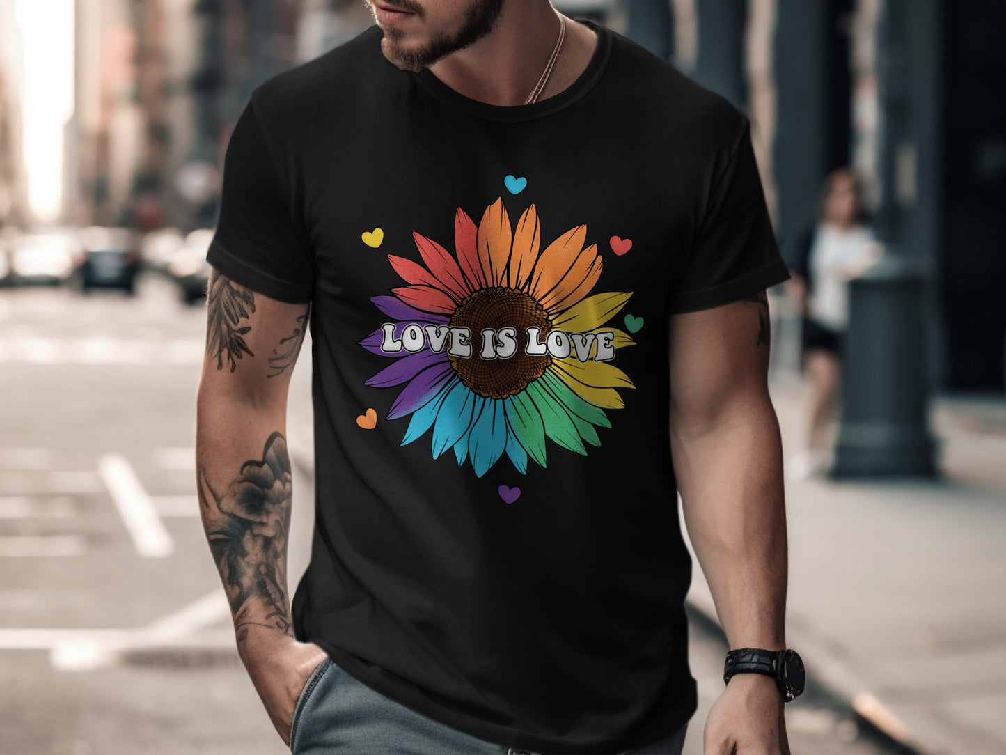 Black t-shirt with rainbow sunflower graphic and "LOVE IS LOVE" text.