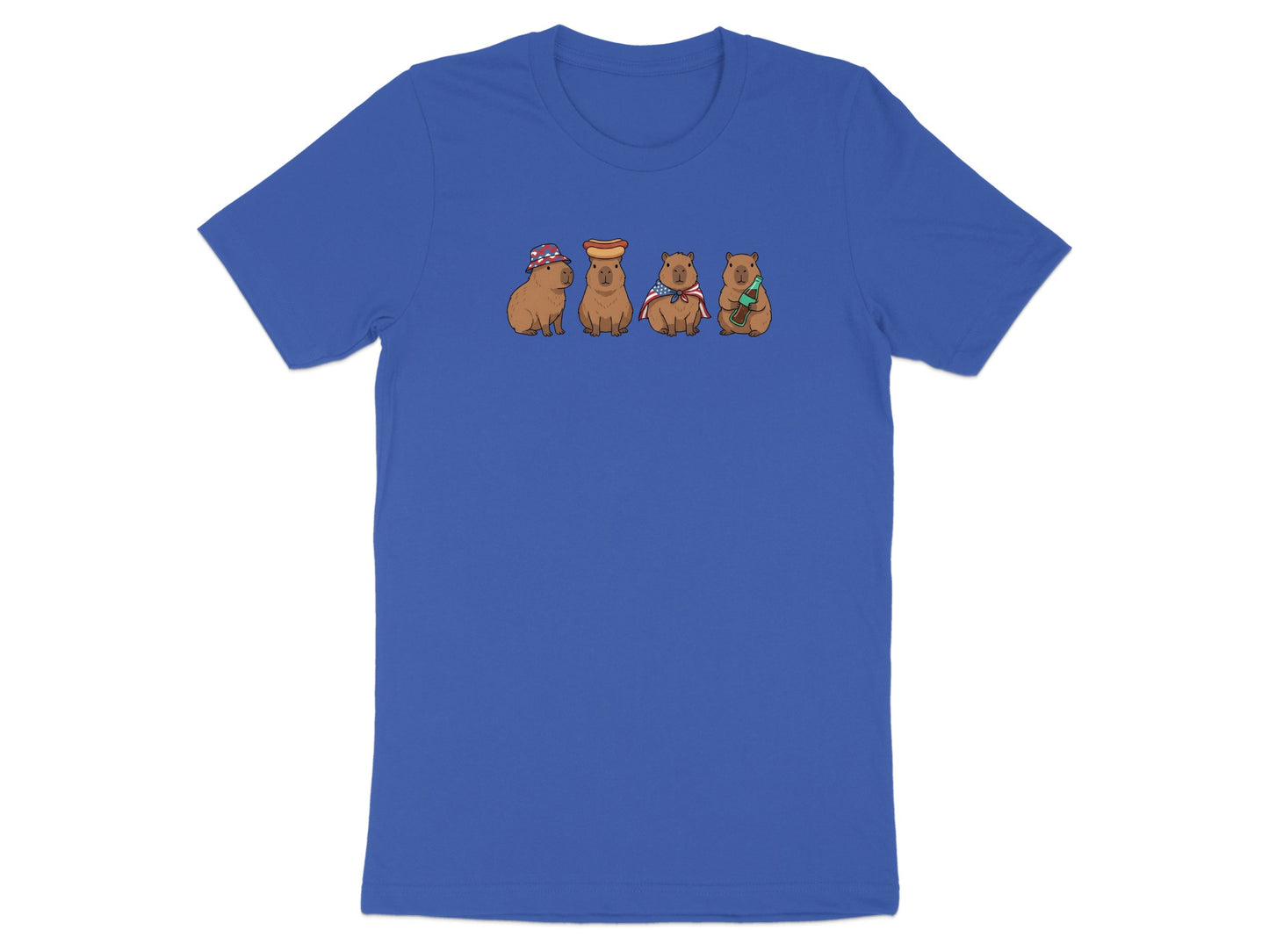 Four cartoon capybaras wearing hats and holding food on a blue t-shirt.