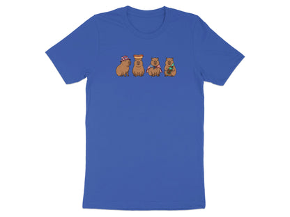Four cartoon capybaras wearing hats and holding food on a blue t-shirt.