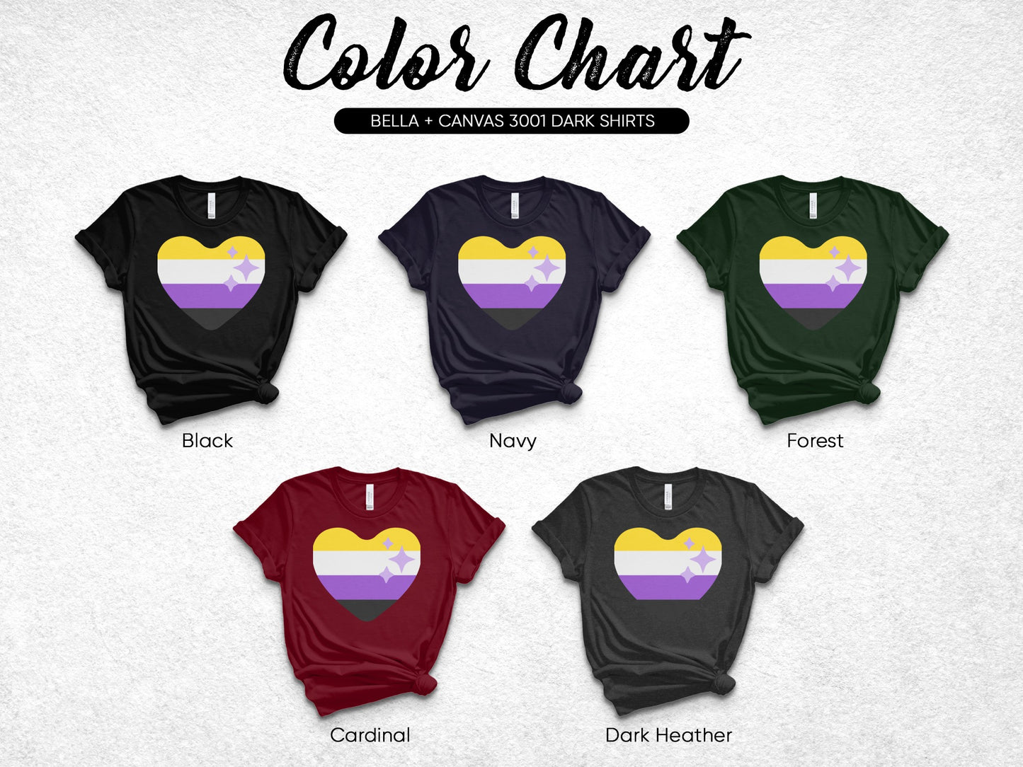 Non-binary pride flag heart graphic on five different colored t-shirts.