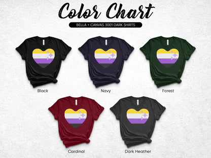 Non-binary pride flag heart graphic on five different colored t-shirts.