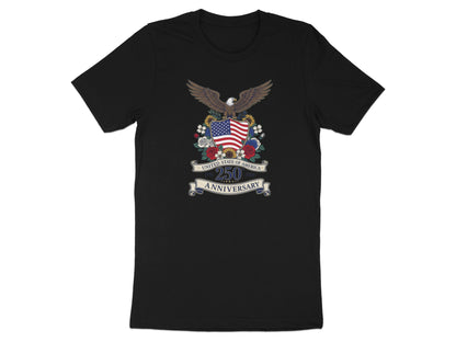 Black t-shirt with United States of America 250th Anniversary eagle crest design.