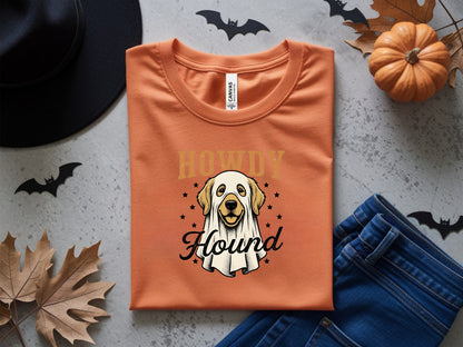 Orange t-shirt with "Howdy Hound" and a dog ghost graphic.