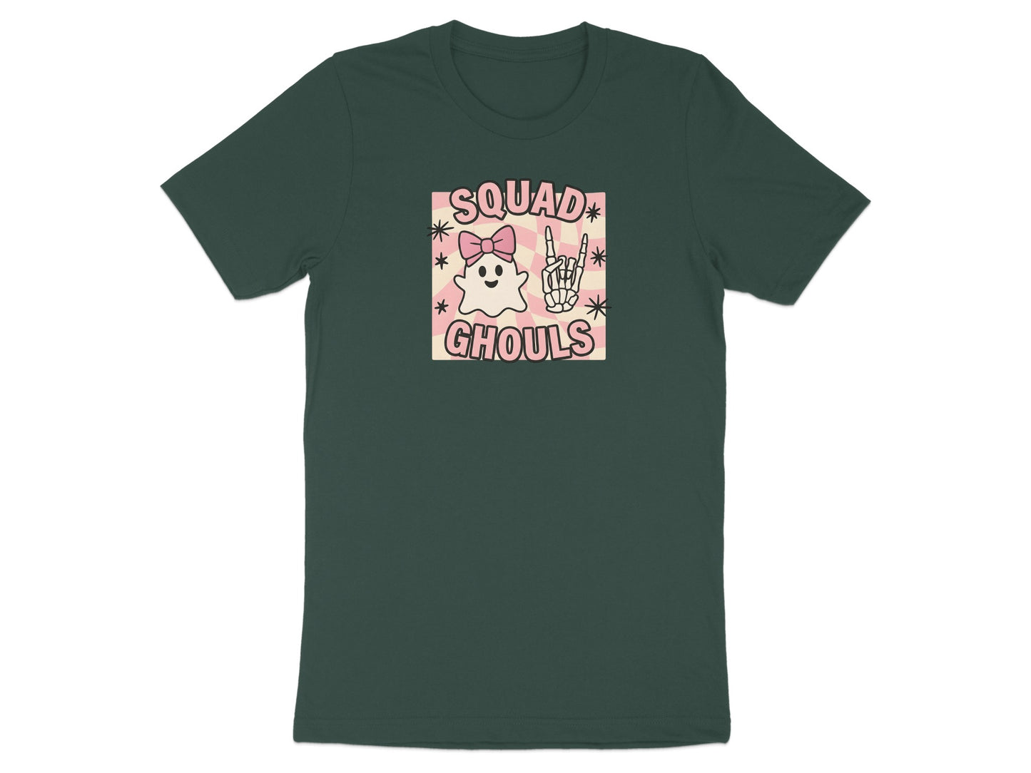 Green t-shirt with a square graphic of a ghost and Skeleton hand with text "SQUAD GHOULS".