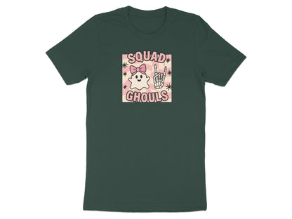 Green t-shirt with a square graphic of a ghost and Skeleton hand with text "SQUAD GHOULS".