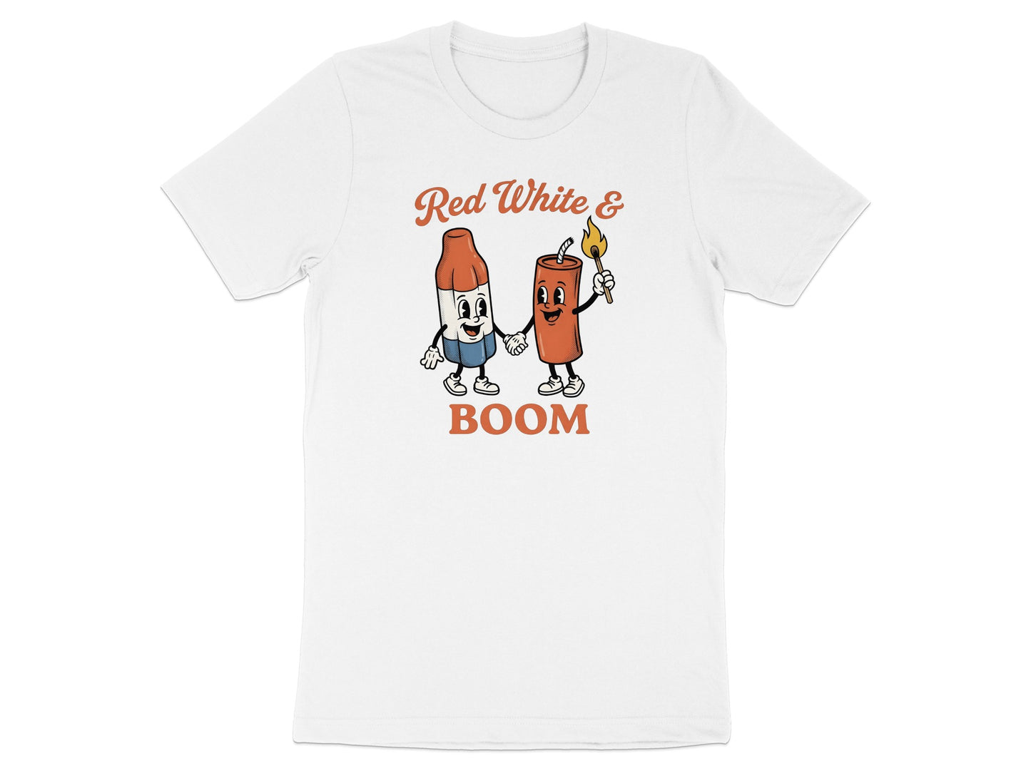 T-shirt graphic: Red, white, and blue firecracker and dynamite stick holding hands.