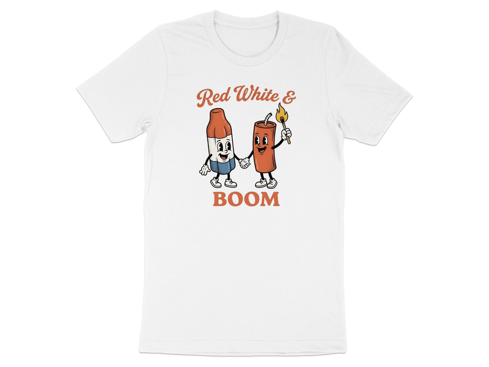 T-shirt graphic: Red, white, and blue firecracker and dynamite stick holding hands.