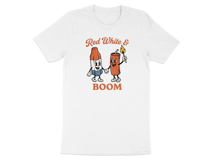 T-shirt graphic: Red, white, and blue firecracker and dynamite stick holding hands.