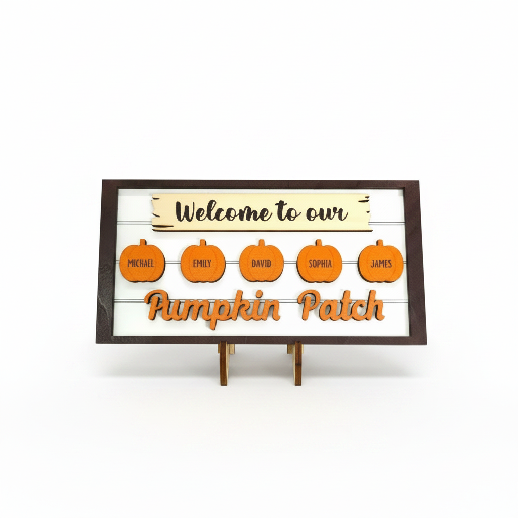 A framed autumn-themed sign on a small wooden stand. The sign reads 'Welcome to our Pumpkin Patch' with five custom pumpkin-shaped names.