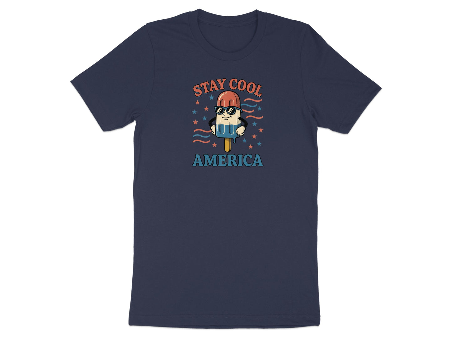 Navy t-shirt with a popsicle wearing sunglasses and text "STAY COOL AMERICA".