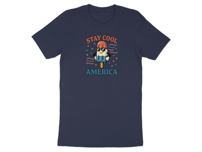 Navy t-shirt with a popsicle wearing sunglasses and text "STAY COOL AMERICA".