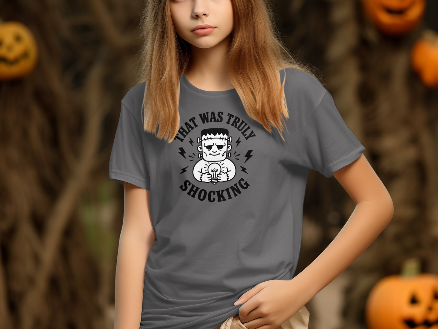 Grey t-shirt with Frankenstein holding a lightbulb and "that was truly shocking" text.