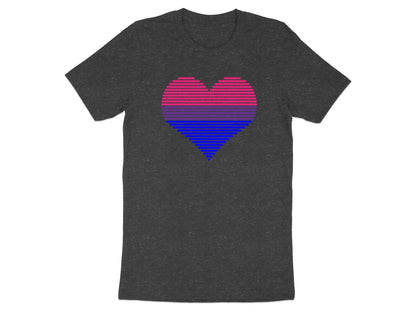 Dark grey t-shirt with a horizontal striped heart in pink, purple, and blue.