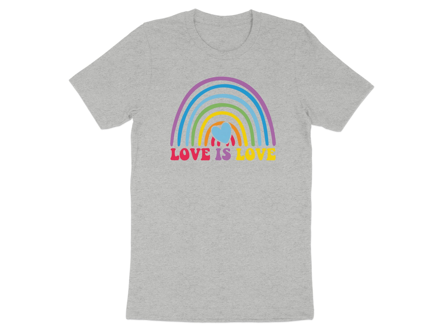 Grey t-shirt with a rainbow and "LOVE IS LOVE" text.
