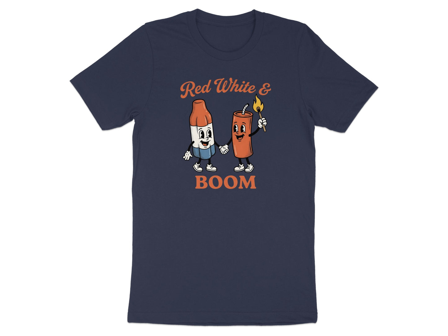 Navy t-shirt with "Red White & Boom" text and cartoon firecracker and crayon characters.