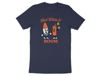 Navy t-shirt with "Red White & Boom" text and cartoon firecracker and crayon characters.