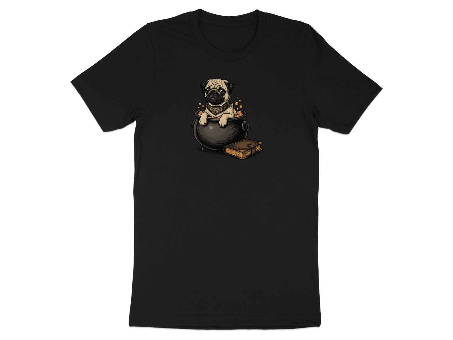 Black t-shirt with pug in cauldron art and a spellbook.