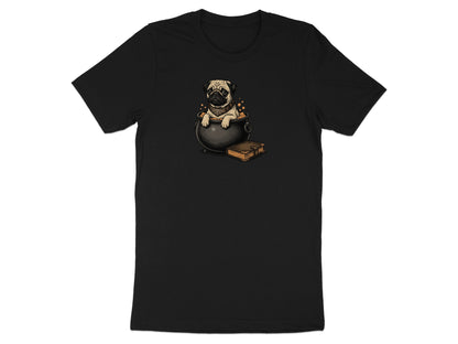 Black t-shirt with pug in cauldron art and a spellbook.
