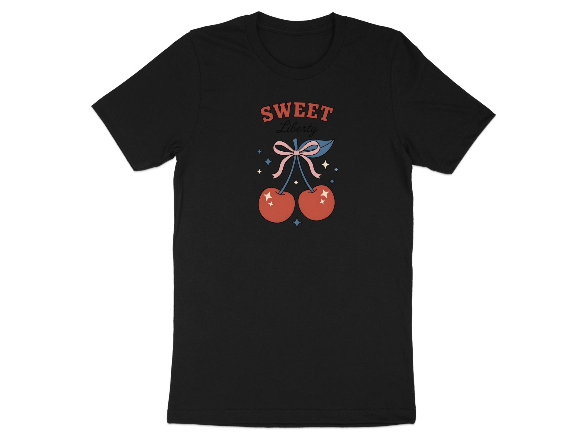 Black t-shirt with red cherries and "Sweet Liberty" text.