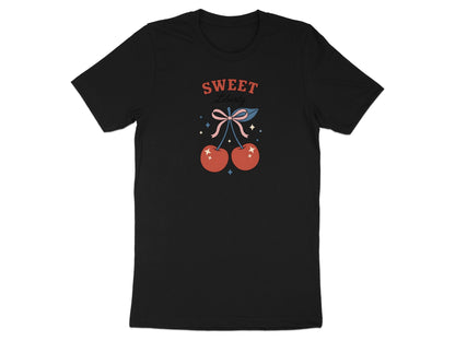 Black t-shirt with red cherries and "Sweet Liberty" text.