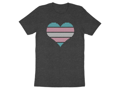 T-shirt with a horizontally striped heart in transgender flag colors.
