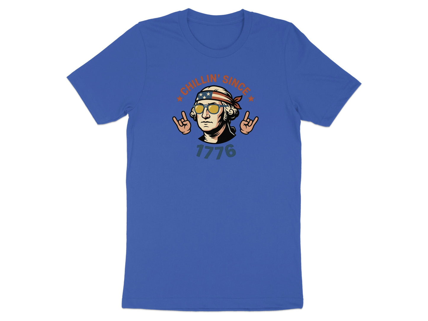 Blue t-shirt with George Washington graphic and "Chillin' Since 1776" text.
