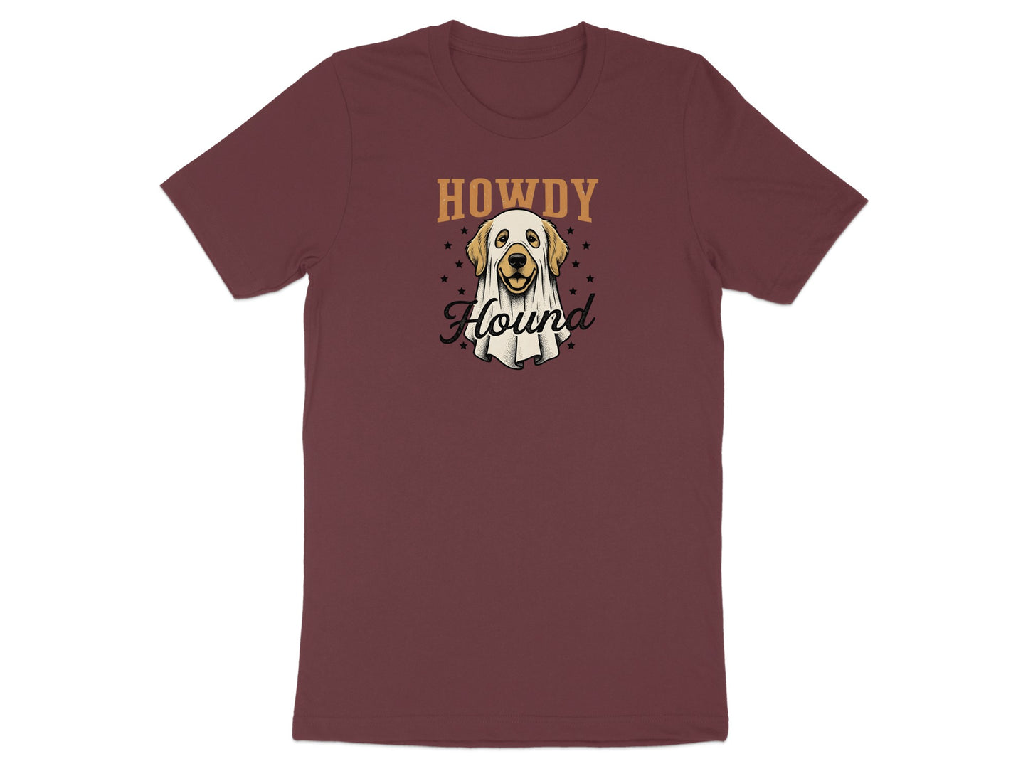 Maroon t-shirt with a dog in a ghost costume and text "HOWDY Hound".