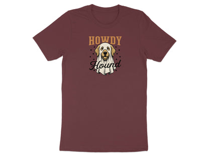Maroon t-shirt with a dog in a ghost costume and text "HOWDY Hound".