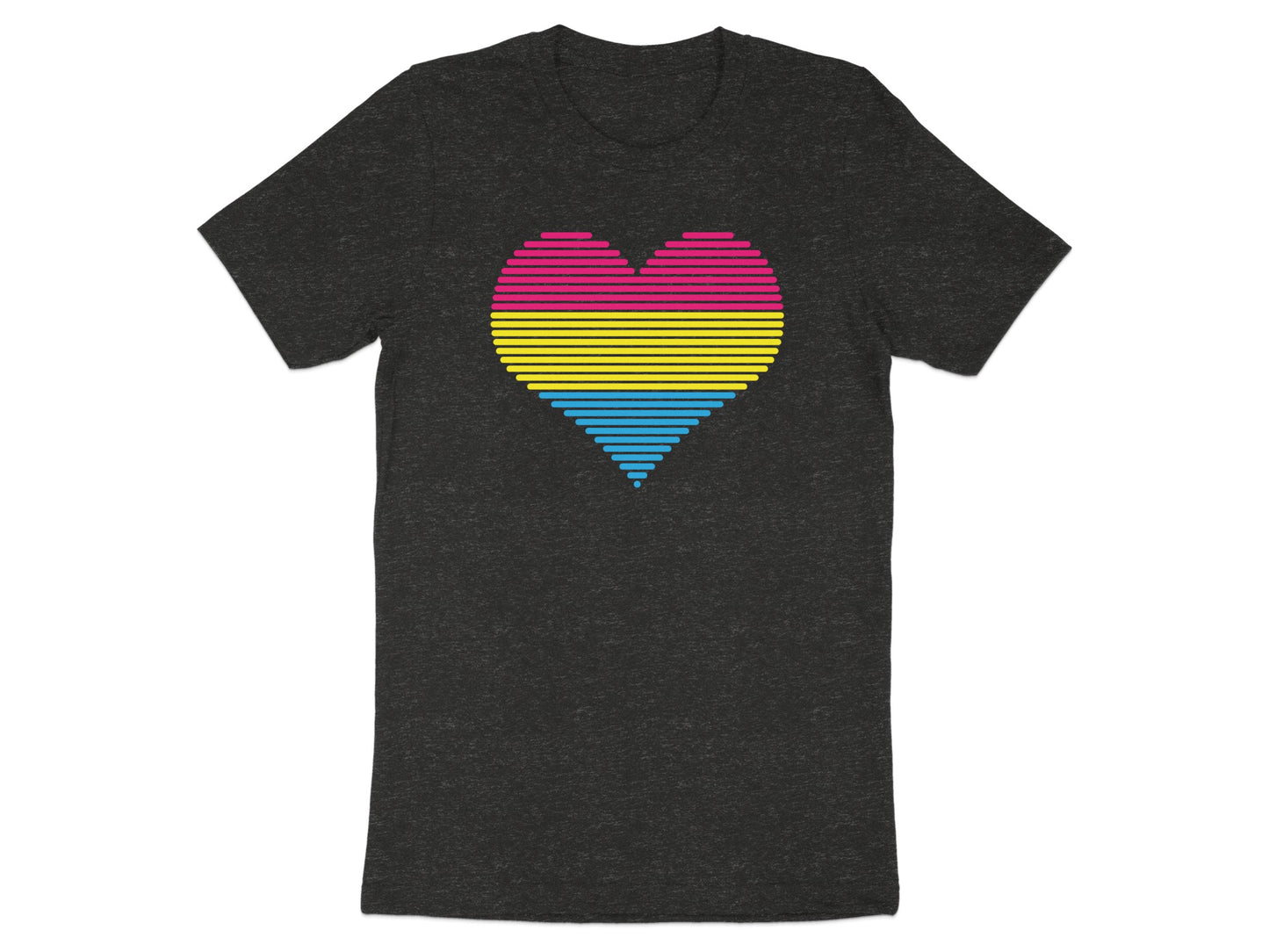 Dark t-shirt with a stylized heart made of horizontal pink, yellow, and blue stripes.