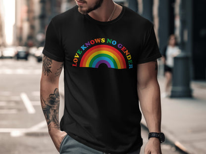 Black t-shirt with rainbow text "LOVE KNOWS NO GENDER" above a rainbow arc.
