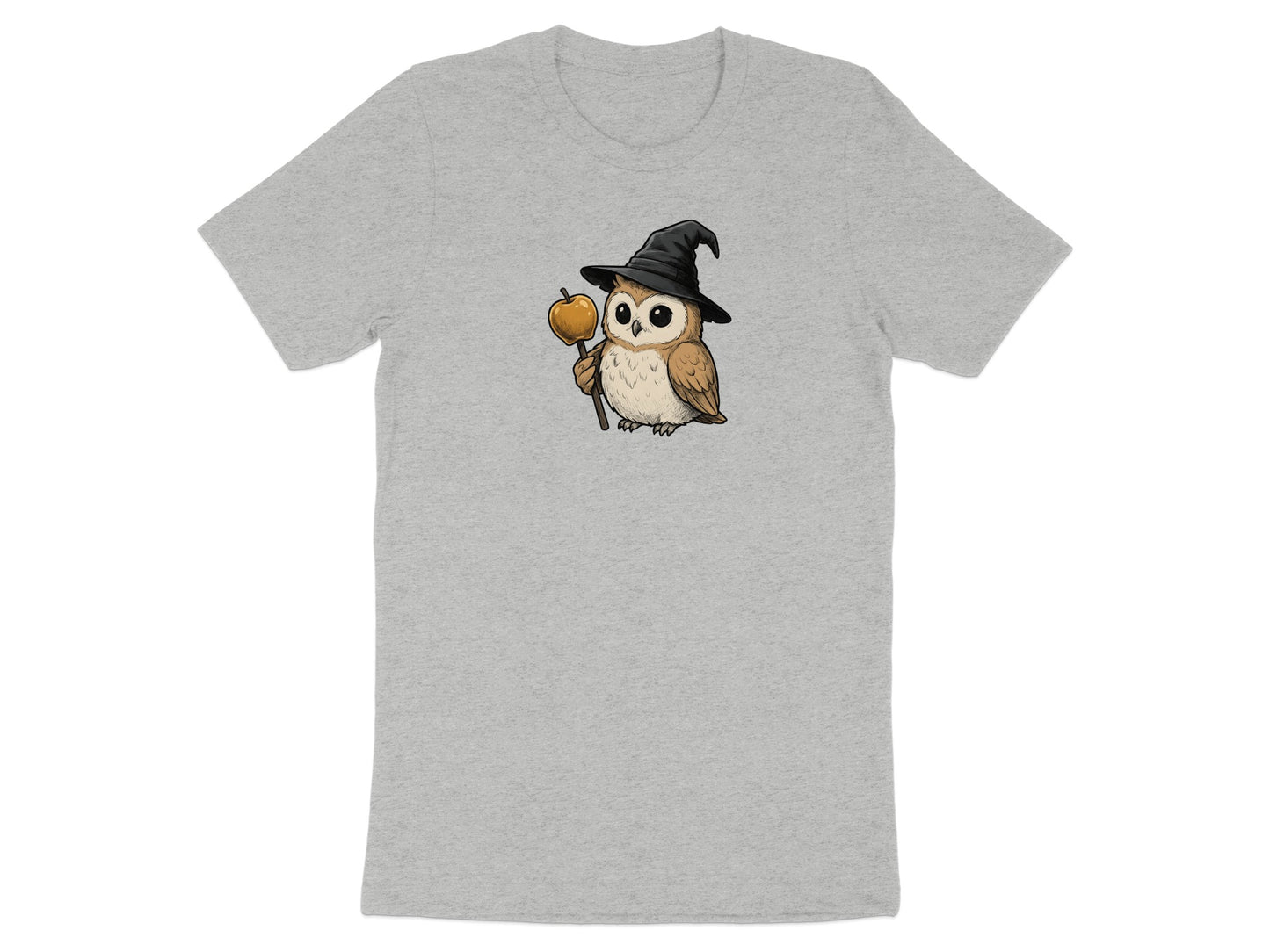 Illustration of a cartoon owl wearing a witch hat and holding an apple on a stick.