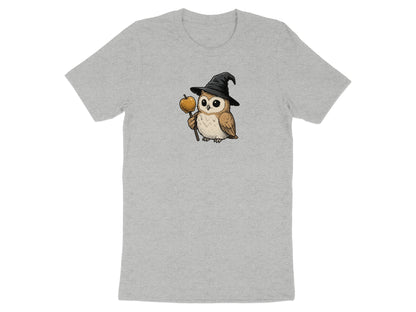 Illustration of a cartoon owl wearing a witch hat and holding an apple on a stick.