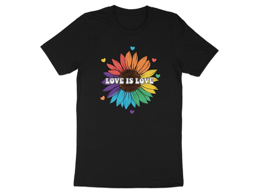 Black t-shirt with a rainbow sunflower and "Love is Love" text.