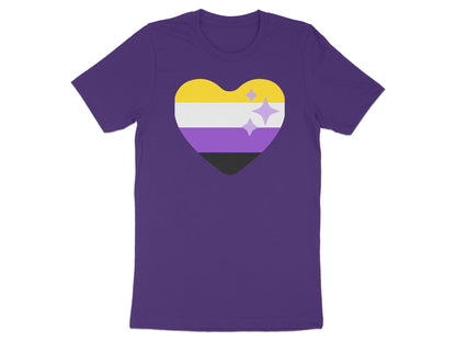 Purple t-shirt with a non-binary pride flag heart design featuring sparkles.