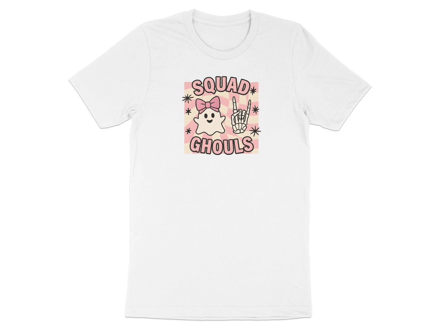 White t-shirt with "Squad Ghouls" text, ghost, and skeleton hand graphic.