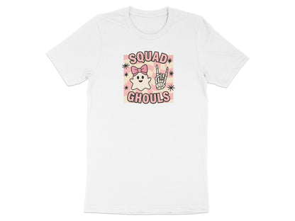 White t-shirt with "Squad Ghouls" text, ghost, and skeleton hand graphic.