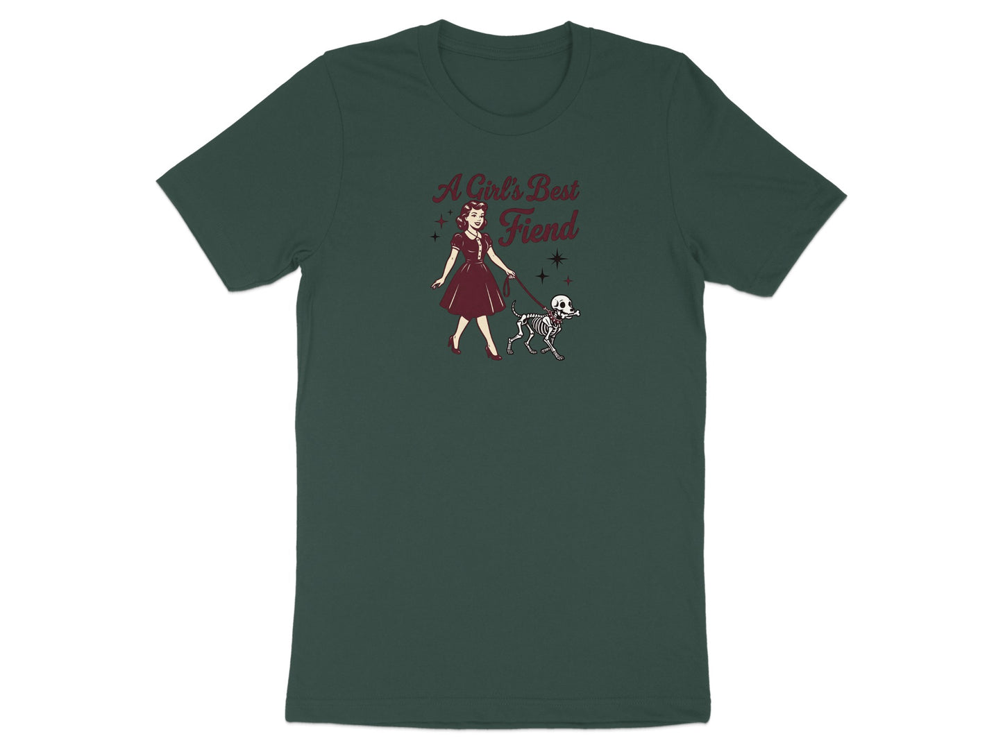 T-shirt with a woman walking a skeleton dog, text reads "A Girl's Best Fiend".