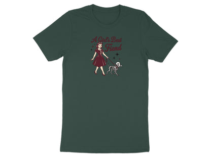 T-shirt with a woman walking a skeleton dog, text reads "A Girl's Best Fiend".