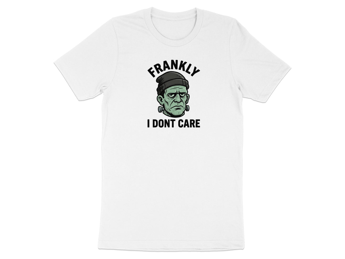 White t-shirt with Frankenstein's monster graphic and text "Frankly I Don't Care".