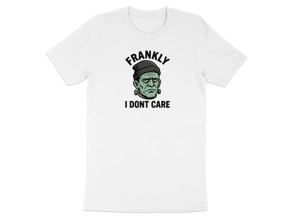 White t-shirt with Frankenstein's monster graphic and text "Frankly I Don't Care".