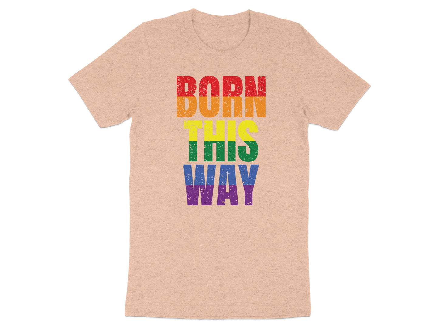 T-shirt with "BORN THIS WAY" text in rainbow colors.